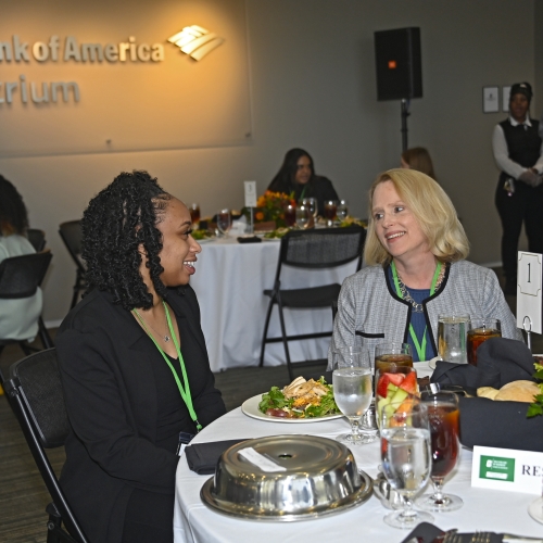 Dean Jennifer Troyer and student Kiyoshi Roberts at lunch 