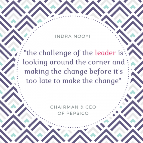 the challenge of the leader is looking around the corner and make the change before it's too late to make the change - Indra Nooyi during The Top Talk at Stanford GBS